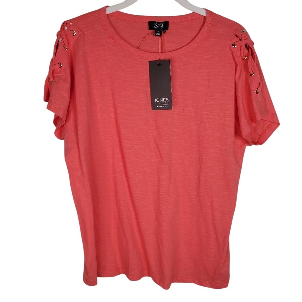 Jones New York Signature Knit Top‎ Womens Small Melon Coral NWT Lace Up Shoulder